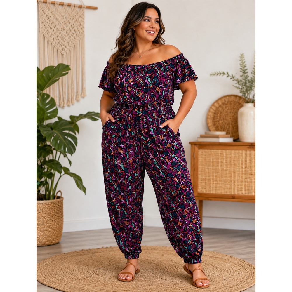 AVA & VIV Floral Jumpsuit 2X‎ Off Shoulder Boho Harem Romper Plus Size